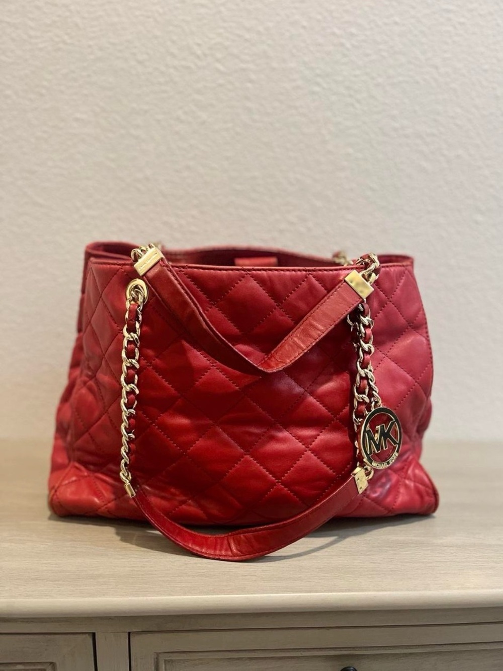 Michael Kors Quilted Red Leather Shoulder Bag with Gold Chain Straps
